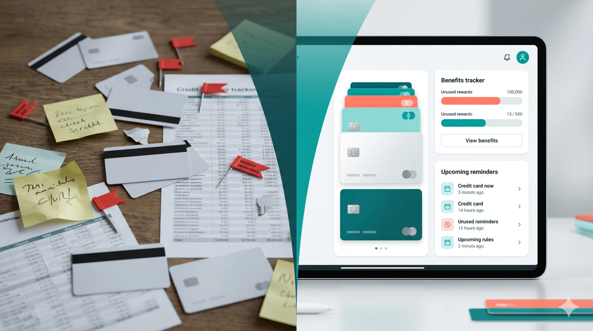 Comparison between a cluttered card tracking setup and a cleaner benefits tracker app dashboard.