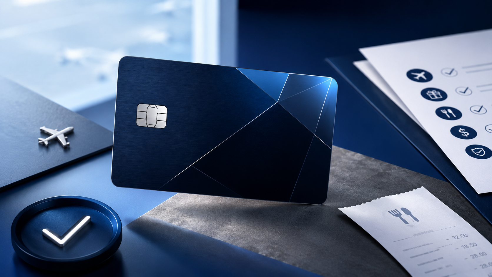 Sapphire-blue premium travel card with benefit checklist cues for flights, dining, credits, and protections.