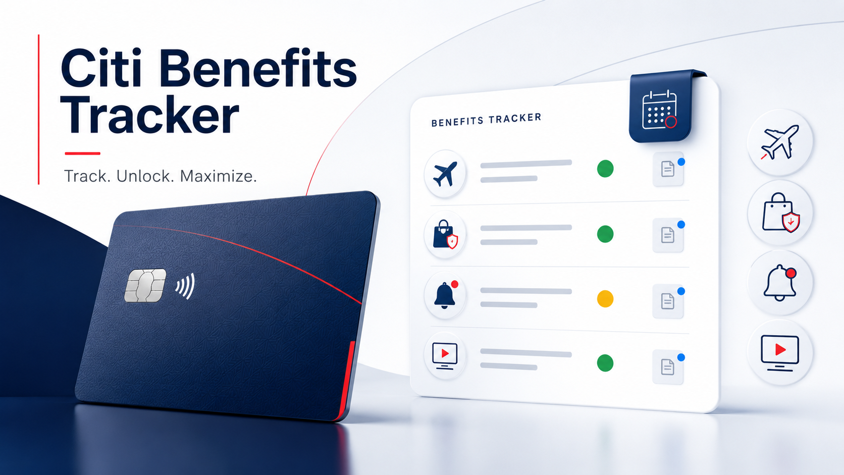 Benefits tracking dashboard with generic cards, credit card benefits, reminders, and perk status sections.