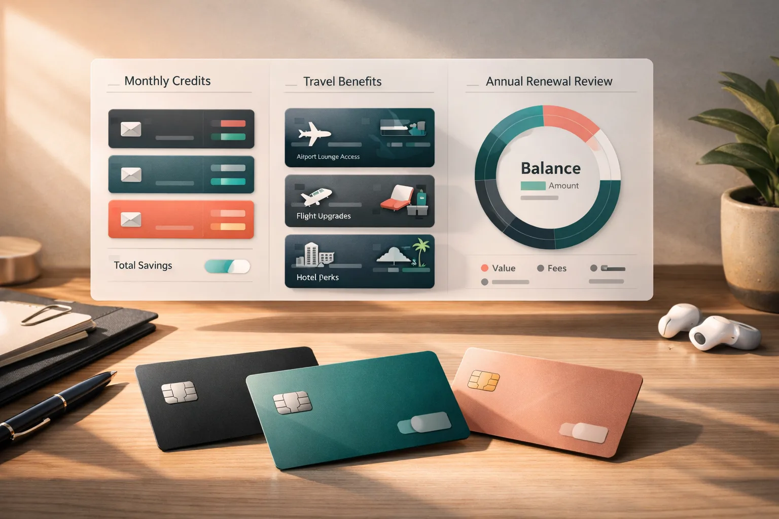 Credit card perks dashboard with monthly credits, travel benefits, and annual renewal review sections.