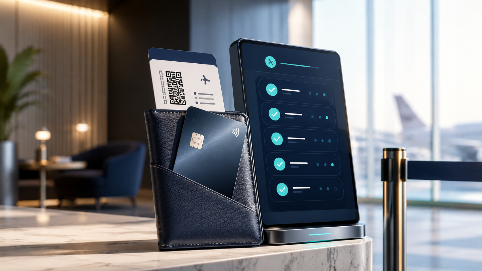 Airport lounge check-in scene with a wallet, boarding pass, credit card, and tablet checklist for lounge access verification.