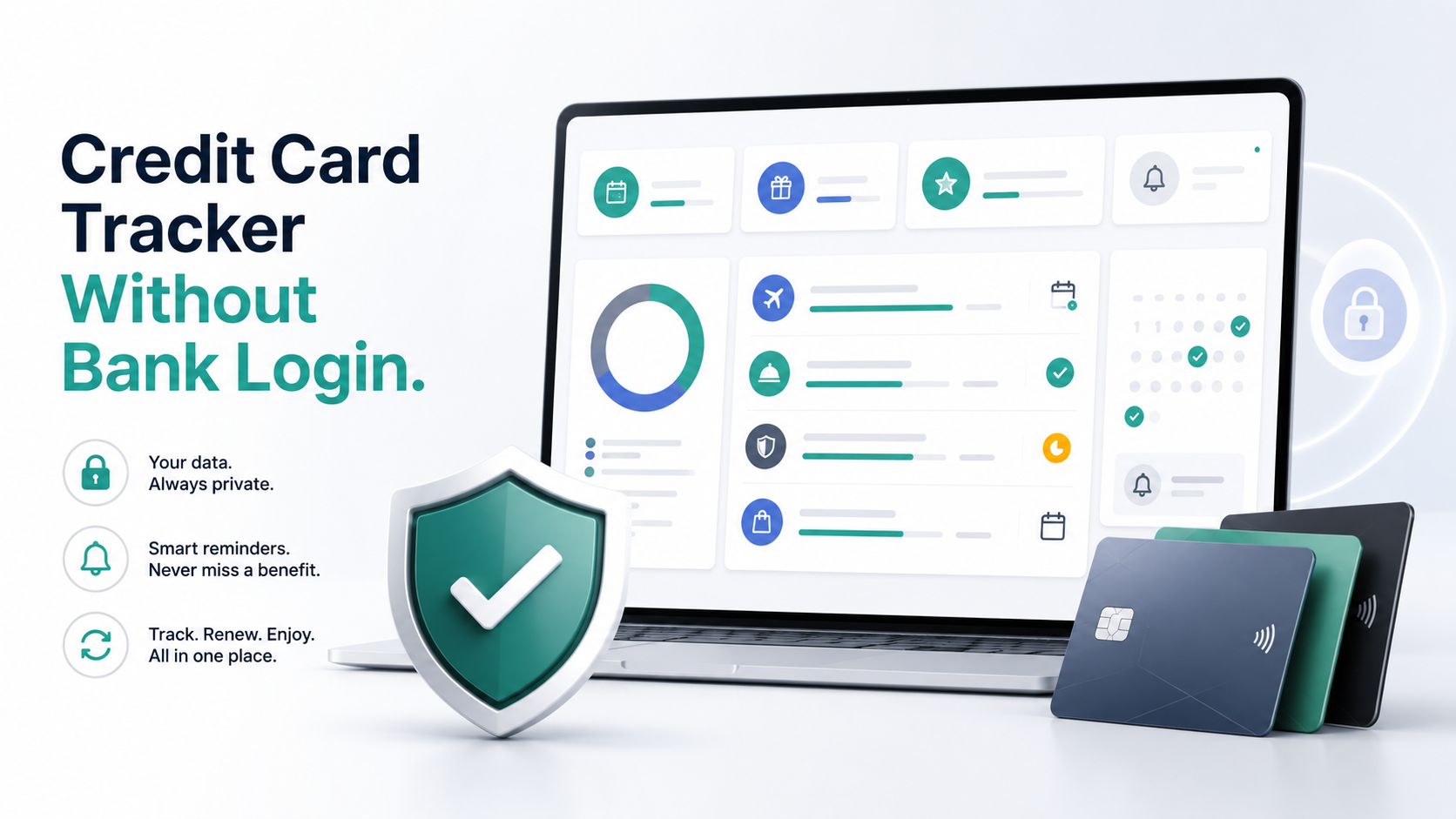 Benefits tracking dashboard with generic cards, credit card benefits, reminders, and perk status sections.
