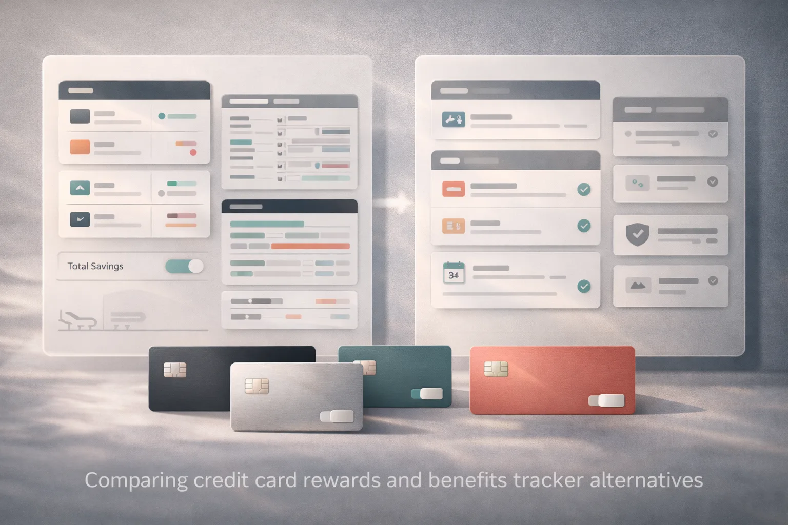 Comparison of credit card rewards and benefits tracker workflows with generic cards and app panels.