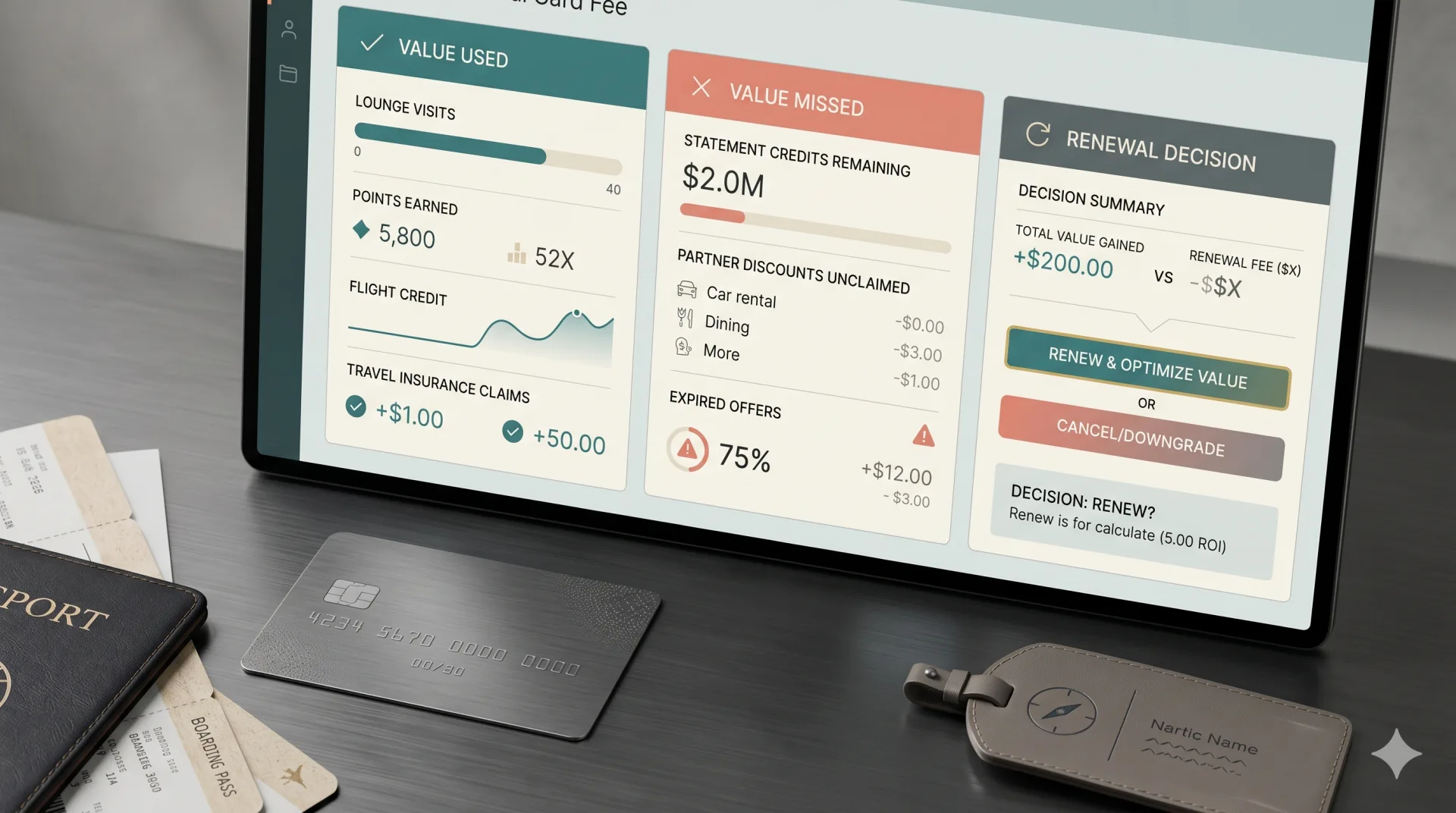 Premium travel card annual fee review dashboard comparing value used, missed value, and renewal decision.