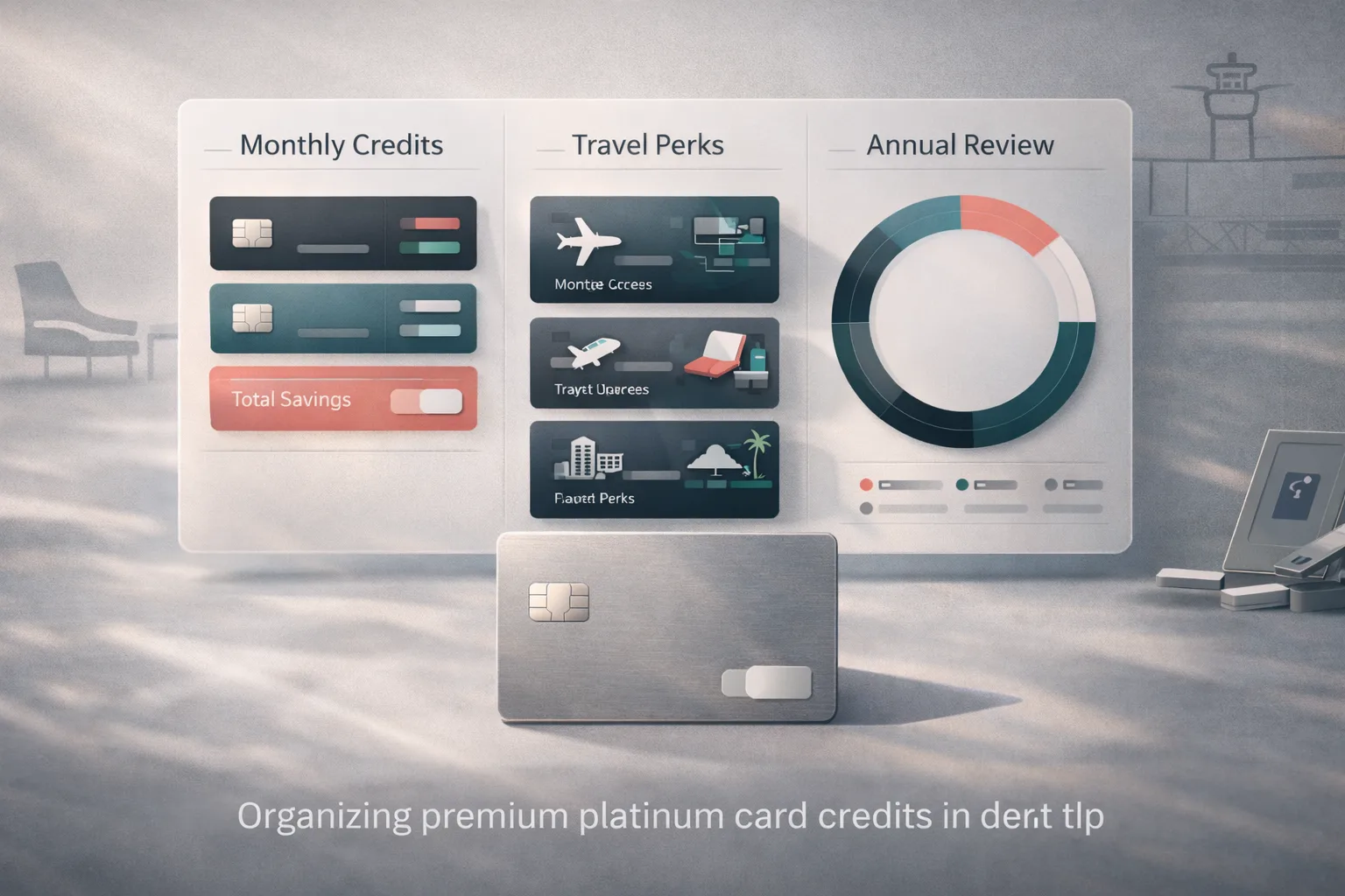 Premium platinum card benefits dashboard organized into monthly credits, travel perks, and annual review.