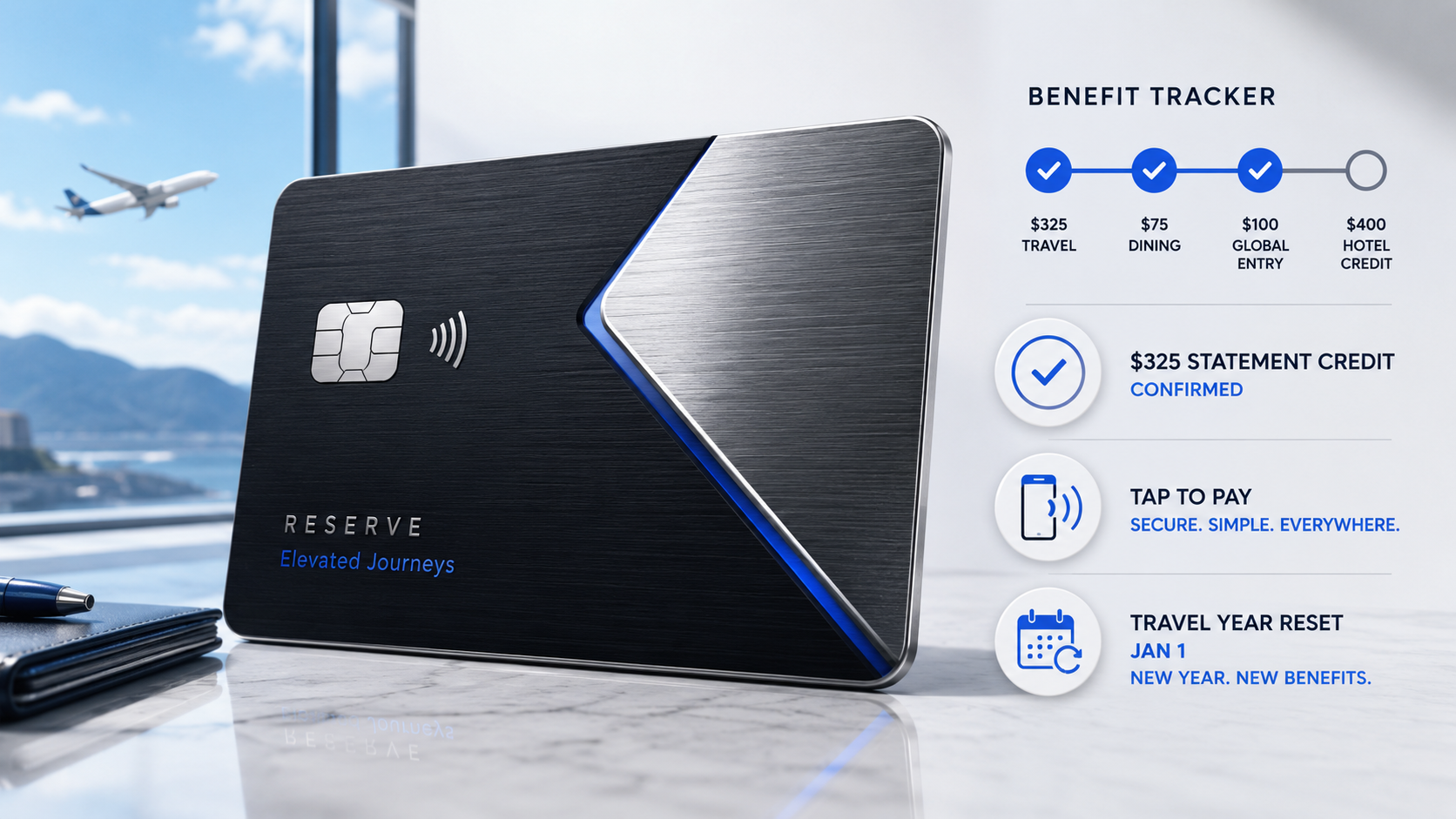 Benefits tracking dashboard with generic cards, credit card benefits, reminders, and perk status sections.