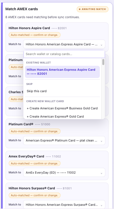Perkmon Chrome Extension card matching screen showing best-effort auto matches and manual fallback options.
