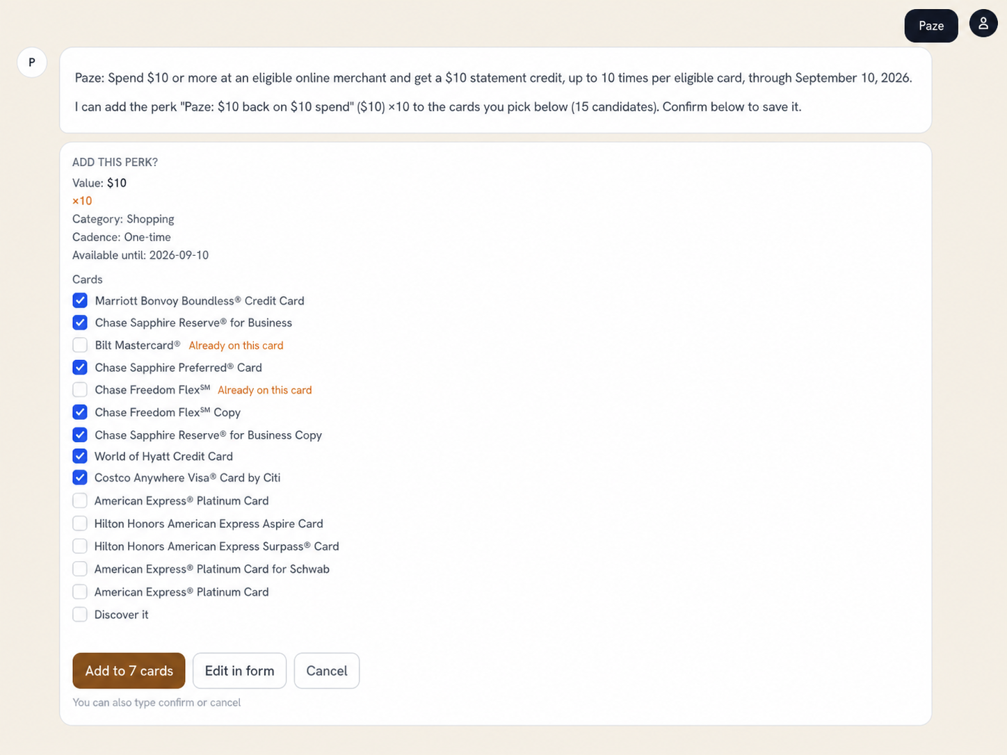 Ready-to-add Paze promotion with terms, candidate cards, duplicate labels, and one multi-card confirmation.