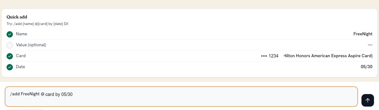 Quick Add preview with parsed benefit name, card, and date.